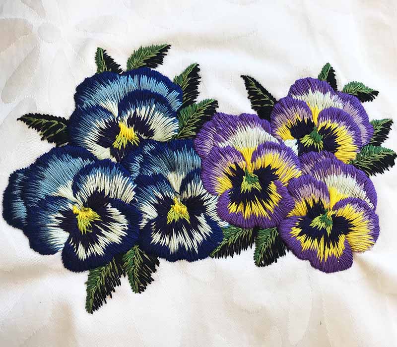 Fig. 3: Pansies, embroidered in cotton thread Cotty