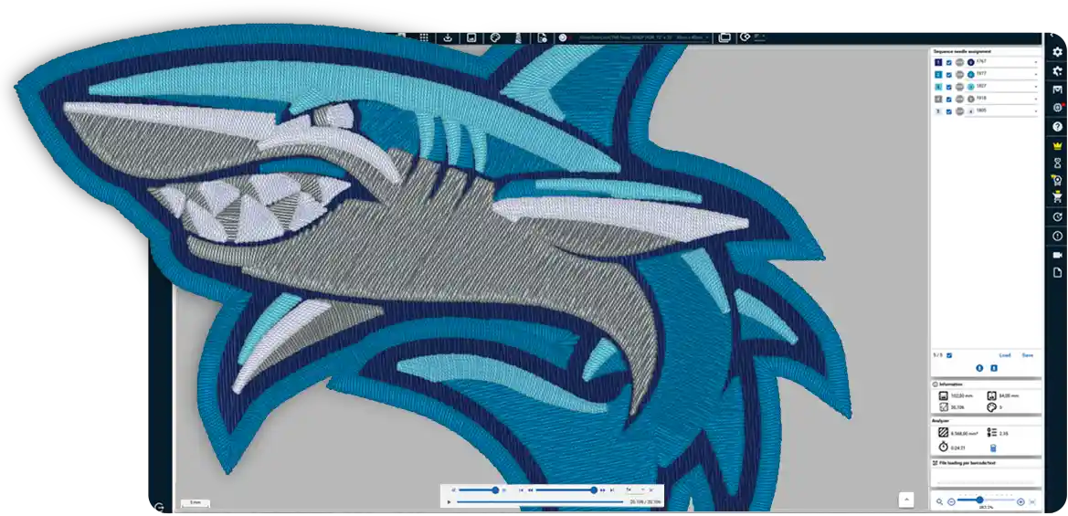 ZSK TERMINAL: embroidery design preview alongside needle assignments, design information and costing