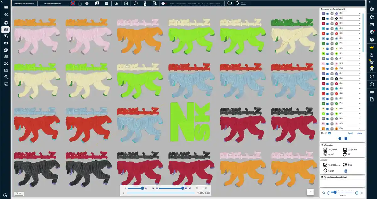 ZSK TERMINAL Converter: preview of an imported design showing needle paths, jumps, trims and colour changes