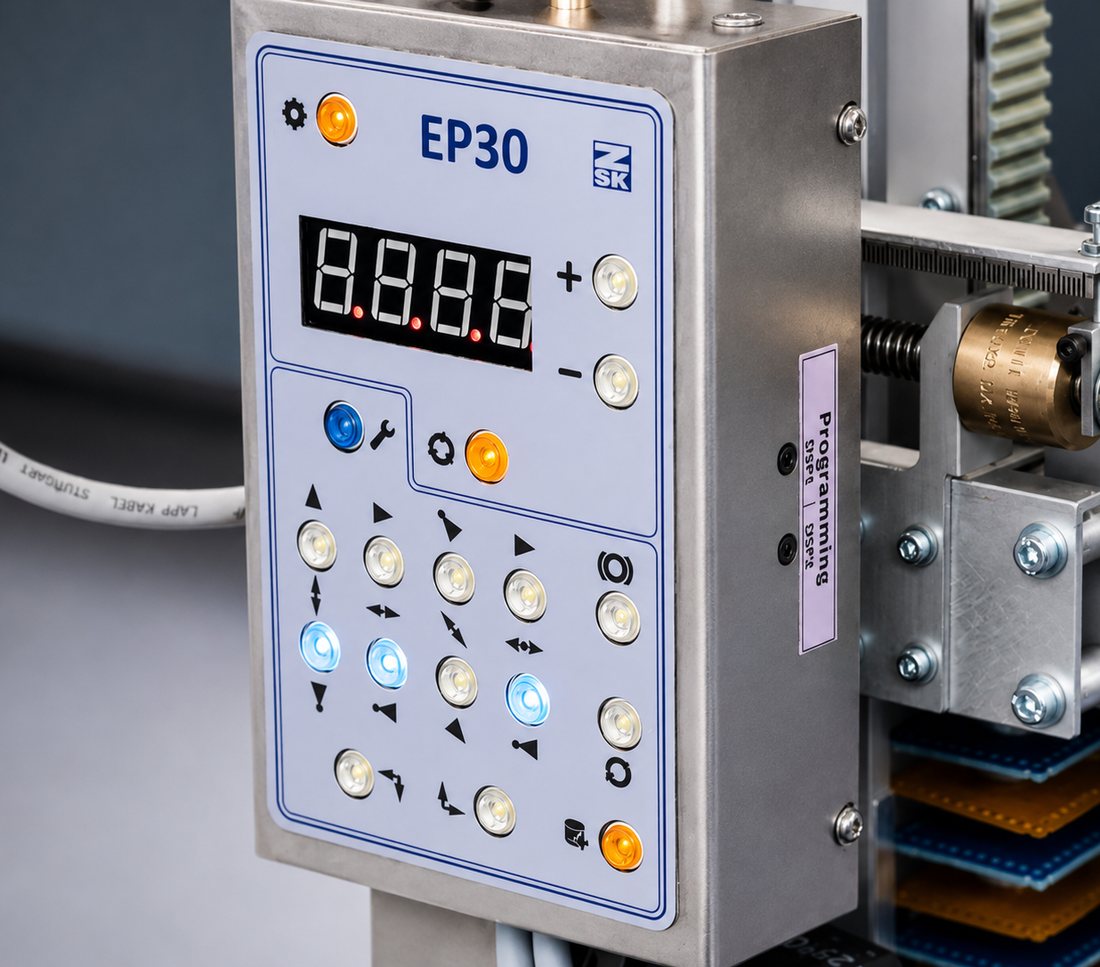 Bedienfeld der EP-30 mit Display, Plus- und Minustasten sowie Einstelltasten für Magazin, Schiebereinheit und PCB-Schlitten
