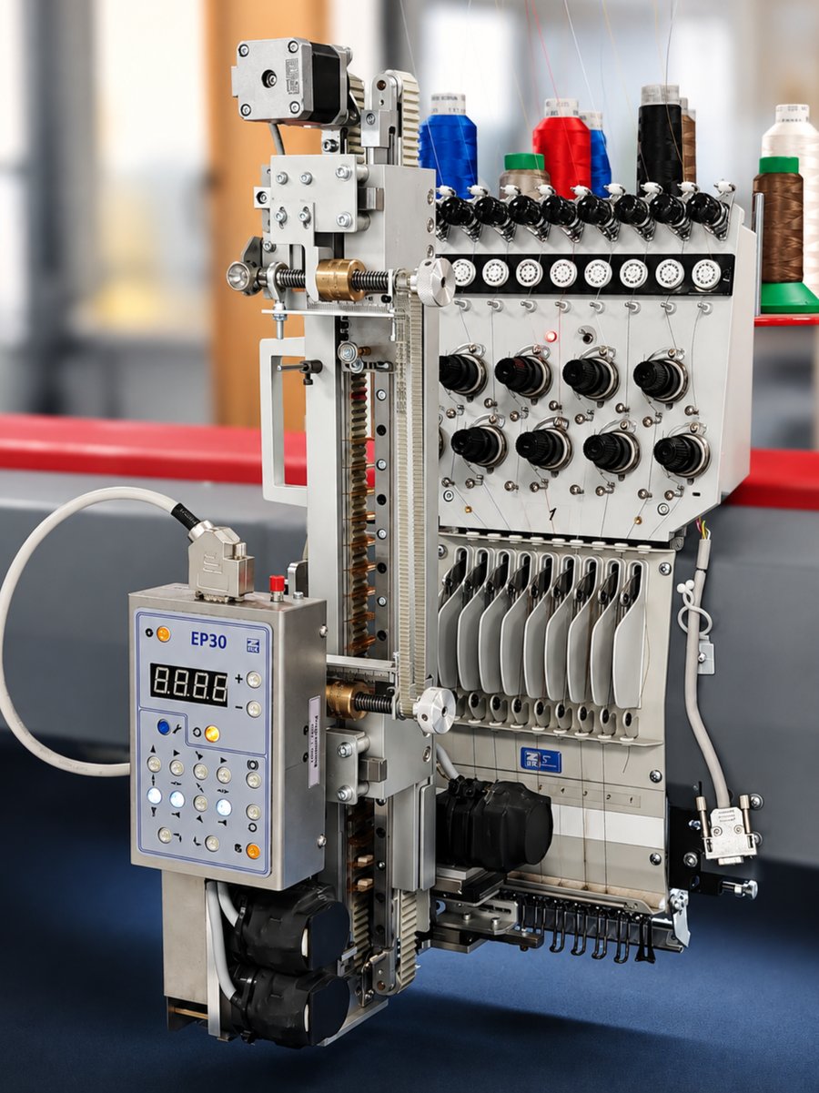 ZSK Stickkopf mit der EP-30 PCB-Platzierungseinrichtung und dem an der Maschine montierten Bedienfeld